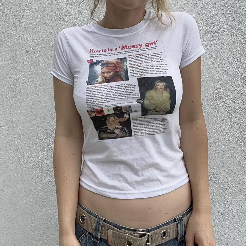 Gothic Aesthetic Letter Print Womens Short Sleeve Y2K Clothes Fashion Streetwear Crop Top Vintage Fairy Aesthetic Baby Tee 2000S