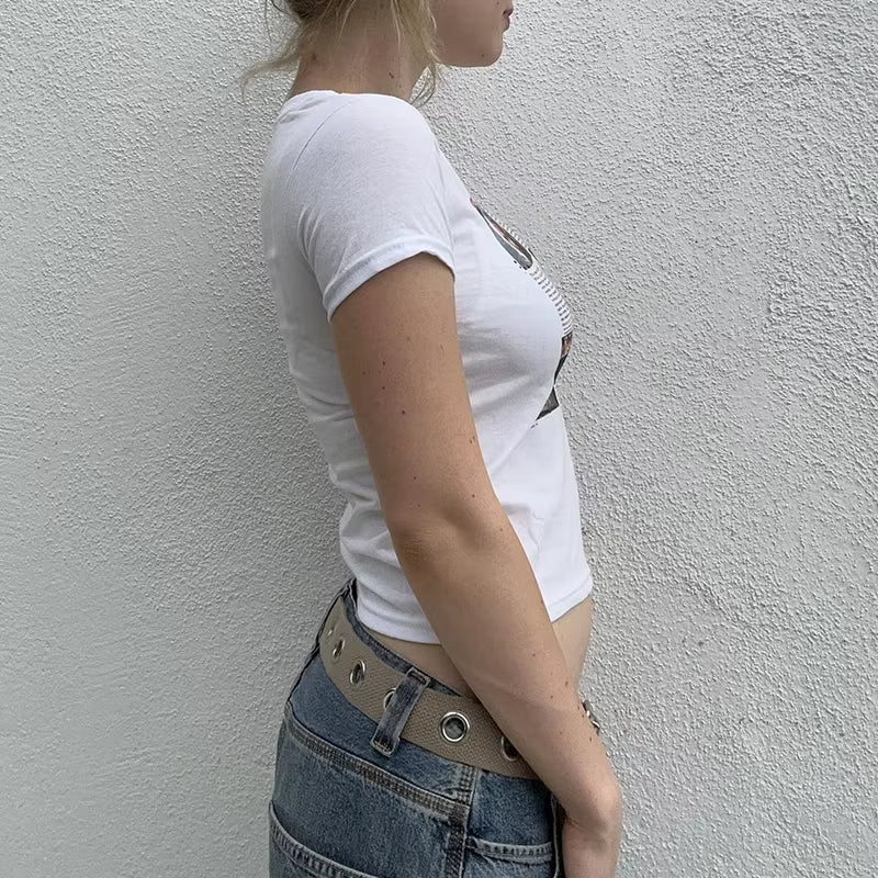 Gothic Aesthetic Letter Print Womens Short Sleeve Y2K Clothes Fashion Streetwear Crop Top Vintage Fairy Aesthetic Baby Tee 2000S