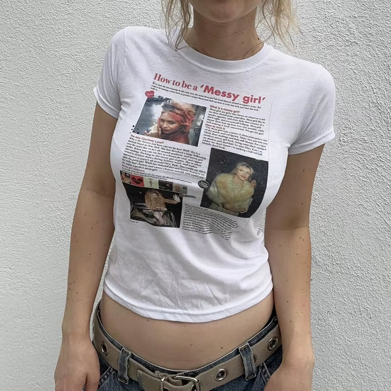 Gothic Aesthetic Letter Print Womens Short Sleeve Y2K Clothes Fashion Streetwear Crop Top Vintage Fairy Aesthetic Baby Tee 2000S