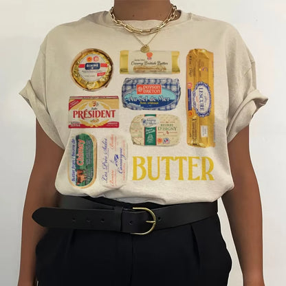 Women 90S Retro Butter Graphic T-Shirts Funny Butter Lover T Shirt Cute Foodie Tee Shirt Unisex Vintage Grunge Aesthetic Clothes