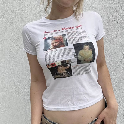 Gothic Aesthetic Letter Print Womens Short Sleeve Y2K Clothes Fashion Streetwear Crop Top Vintage Fairy Aesthetic Baby Tee 2000S